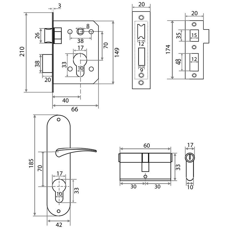 Замок врезной Trodos 70/11-ЦМ с ручкой, никель