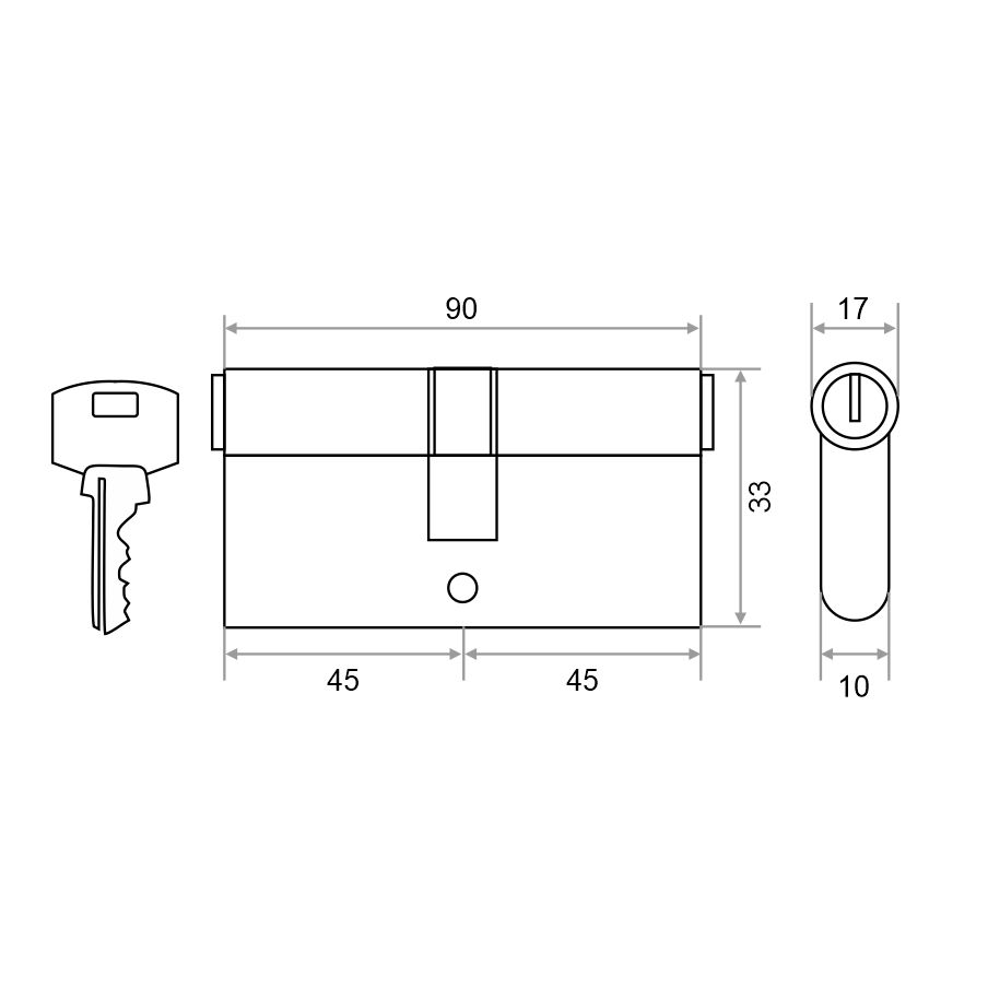Механизм цилиндровый Trodos ЦМ 90(45/45) сплав ЦАМ 5 ключей, хром