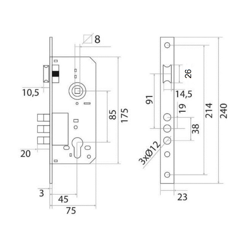 Замок врезной Trodos R3-85 ET AB c ригелями, бронза