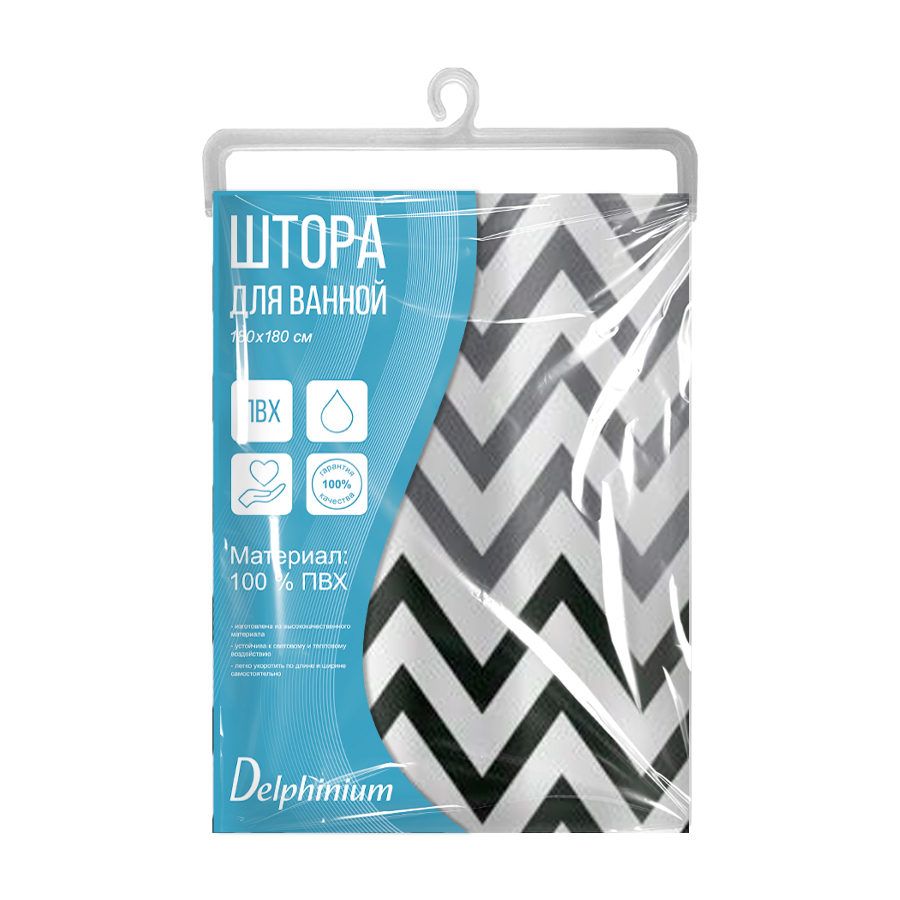 Штора для ванной Delphinium "Зигзаг" ПВХ 180х200см, 12 колец, мультиколор