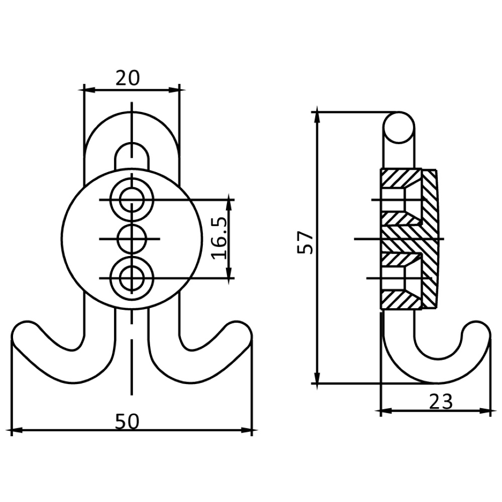 Крючок мебельный Trodos "DMZ-30020" 2-рожковый, сплав ЦАМ, хром