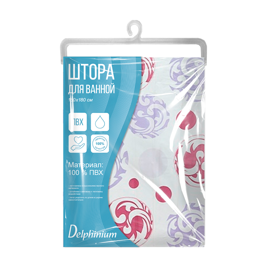 Штора для ванной Delphinium "Мираж" ПВХ 180х180см, 12 колец, мультиколор