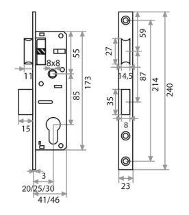Замок врезной Trodos 153-30 узкопрофильный цилиндровый с защелкой без ручки, хром