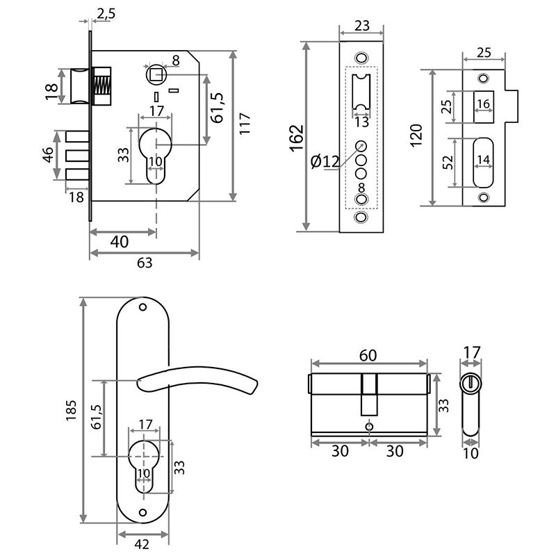 Замок врезной Trodos 61/106-ЦМ 3R с ручкой, золото