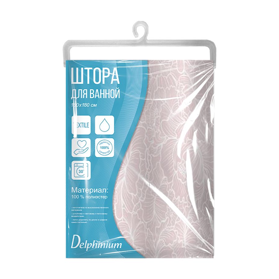 Штора для ванной Delphinium "Пион" полиэстер 180х180см, 12 колец, розовый