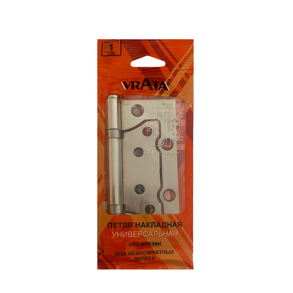 Петля накладная Vrata 100х75х2,0 без врезки, б/к, никель, флоупак